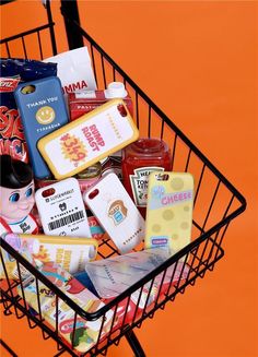 a shopping cart filled with food and snacks