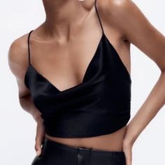 Crop Top; Satin Effect; Black; New With Tags; Xs Elegant Black V-neck Camisole, Sleek Spaghetti Strap Top For Night Out, Chic Spaghetti Strap Crop Top For Evening, Sleek Spaghetti Strap Evening Tops, Sleek Cami Top For Evening, Sleek Evening Cami Top, Chic Black Cropped Tank Top, Sleek Cami Top For Party, Elegant Black V-neck Tank Top