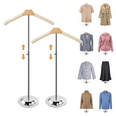 four different types of clothes on display with the measurements for each garment and coat hanger