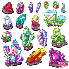 an assortment of different colored crystals on a white background