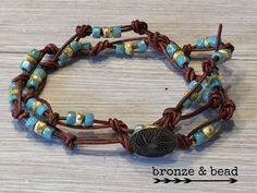 This wrap bracelet is made with picasso beads hand knotted onto reddish brown leather cording. Wraps around twice and finished with bronze button. Fits 6.5 inch wrist. Rustic Blue Adjustable Beaded Bracelets, Rustic Adjustable Blue Beaded Bracelet, Rustic Blue Adjustable Beaded Bracelet, Adjustable Nickel-free Brown Wrap Bracelet, Adjustable Brown Wrap Bracelet Nickel Free, Adjustable Brown Nickel-free Wrap Bracelet, Birds Nest, Reddish Brown, Bracelet Ideas