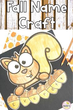 a drawing of a cartoon cat with the words fall name craft on it and an orange pencil