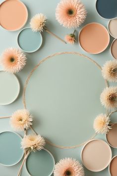 an overhead view of paint colors arranged in a circle on a pastel blue background