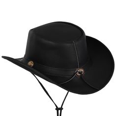 This black leather cowboy hat is made from premium full grain buffalo leather which makes it perfect for casual and party wear alike and gives you extra comfort while wearing, chin cord will help keep the Hat in place during windy storms and rainy weather. Leather Hat can be crushed but still keeps its shape. Made from sturdy Buffalo hide leather treated with waxes and oils to protect it from the elements. Made from Buffalo Hide 2.75" Brim 3.75" Crown Height Crushable UPF 50+ Water Resistant Han Black Leather Hat, Motorcycle Chaps, Leather Cowboy Hats, Black Cowboy Hat, Black Cowboy, Western Cowboy Hats, Leather Hat, Buffalo Nickel, Western Hats