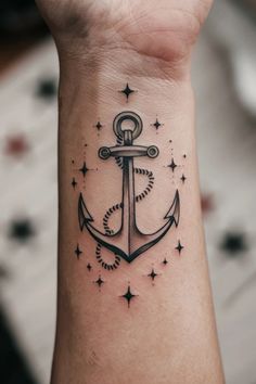 Anchor tattoo with rope detail, surrounded by small stars, on a forearm. Anchor Flower Tattoo, Anchor Tattoo Wrist, Nautical Symbols, Anchor Symbol, Small Anchor