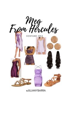 Collage of items to create a Meg from Hercules costume Meg Dress Hercules, Meg Hercules Outfit, Couple Halloween Costumes Hercules And Meg, Megra Halloween Costume, Diy Megara Costume, Meg Halloween Costume Hercules, Megara Inspired Outfits, Megara Costume Diy, Megara Costume Halloween