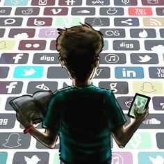 a young boy is standing in front of a computer keyboard with social icons on it