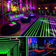 an indoor party with neon lights and blacklight for the dance floor is shown in this collage