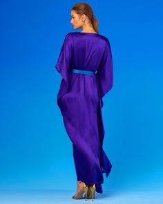 NicoBlu® Alessandra Belted Silk Kaftan in Royal Purple Elegant Silk Floor-length Kaftan For Evening, Silk Maxi Kaftan For Evening, Silk Maxi Length Kaftan For Evening, Purple Draped Silk Dress, Formal Floor-length Silk Kaftan, Silk Floor-length Kaftan For Formal Occasions, V-neck Purple Kaftan For Party, Elegant Purple Kaftan For Party, Elegant Purple Evening Kaftan