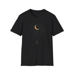 The t-shirt design features a captivating scene of a delicate spider dangling from a crescent moon. The spider, intricately detailed with a web of fine lines, descends gracefully, casting a small shadow on the moon's surface. The background is a deep, midnight sky, speckled with twinkling stars that add a touch of magic to the scene. The unisex soft-style t-shirt puts a new spin on casual comfort. Made from very soft materials, this tee is 100% cotton for solid colors. Heather colors and sports grey include polyester. The shoulders have twill tape for improved durability. There are no side seams. The collar is made with ribbed knitting to prevent curling damage.  .: Made with 100% ring-spun cotton, a lightweight fabric (4.5 oz/yd² (153 g/m this unisex t-shirt feels like a bliss to wear all Celestial Moon Print Crew Neck T-shirt, Graphic Tee Shirt With Moon Print, Celestial Graphic Print Short Sleeve T-shirt, Celestial Style Graphic Print Short Sleeve T-shirt, Celestial Graphic Print Crew Neck T-shirt, Moon Phases Shirt, Spider Shirt, Moon T Shirt, Vintage Moon