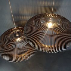 two lamps that are hanging from the ceiling