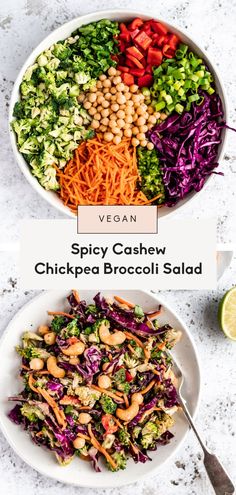 two bowls filled with different types of salads and the words spicy cashew thai chicken broccoli salad