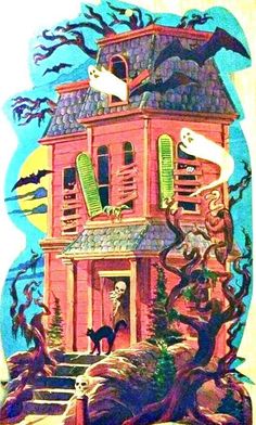 an old house with bats and cats on it