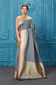 Shop grey Mashru Banarasi saree online in USA with zari border.  Keep your ethnic wardrobe up to date with latest designer sarees, pure silk sarees, Kanchipuram silk sarees, handwoven sarees, tussar silk sarees, embroidered sarees from Pure Elegance Indian saree store in USA.-full view Festive Gray Traditional Wear With Pallu, Gray Traditional Wear With Zari Work For Diwali, Gray Traditional Wear With Pallu, Traditional Gray Wear With Pallu, Semi-stitched Gray Traditional Wear With Zari Work, Gray Semi-stitched Traditional Wear With Zari Work, Gray Traditional Wear With Dupatta For Festivals, Bollywood Style Gray Semi-stitched Traditional Wear, Gray Traditional Wear For Diwali