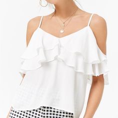 Nwt Forever 21 White Open-Shoulder Ruffle Chiffon Top. Size Small. Summer Blouse With Ruffled Straps For Brunch, Summer Blouse With Ruffled Straps For Day Out, Chic Summer Blouse From Forever 21, Summer Cami Blouse With Ruffles, Chic Summer Blouse By Forever 21, Summer Date Night Blouse With Ruffles, Summer Ruffle Cami Blouse, Flowy Summer Tops From Forever 21, Chic Forever 21 Summer Blouse