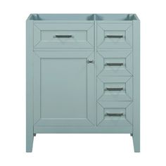 a blue cabinet with three drawers and two doors