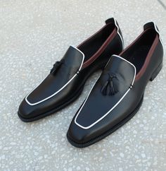 Men's Tassel Loafer Slips On Real Black Leather White Lining Handmade Shoes on Storenvy Formal Leather Tassel Loafers With Contrast Sole, Black Leather Wingtip Tassel Loafers, Black Leather Tassel Loafers For Office, Black Leather Tassel Loafers For Galas, Black Leather Tassel Loafers With Almond Toe, Black Pointed Toe Tassel Loafers For Galas, Black Plain Toe Slip-on Tassel Loafers, Black Tassel Loafers With Stitched Sole For Office, Black Loafers With Contrasting Heel For Formal Occasions