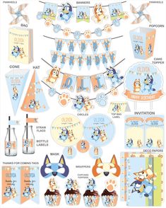 a birthday party set up with blue and orange decorations, including an animal themed banner