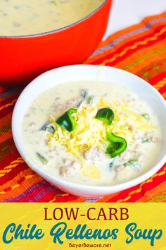 low carb chili rellenos soup in a bowl with cheese and jalapenos