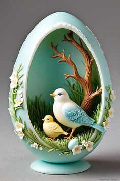 an egg with two birds sitting on top of it next to a tree and eggshell