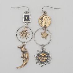 This listing is for a pair of celestial themed earrings or nature themed earrings. 5 variants to choose from! ✨️ Sun + Moon + Star 🌙 Moth Moon Phase 🦇 Bats ☀️ Sun + Moon Gold 💀 Skeletons ✨️Free gift with every order!🎁 Celestial Nickel-free Adjustable Earrings, Celestial Nickel-free Earrings, Adjustable Celestial Nickel-free Earrings, Celestial Star-shaped Earrings With Sun And Moon Design, Celestial Star Shaped Earrings With Sun And Moon Design, Symbolic Moon Charm Earrings, Symbolic Metal Earrings With Moon Charm, Mystical Sun And Moon Earrings As Gift, Celestial Metal Earrings With Sun And Moon Design