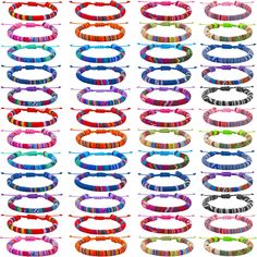 many bracelets are arranged in rows on a white background, each with different colors