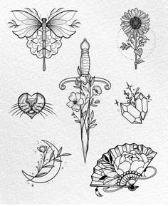 an ink drawing of different tattoos and designs