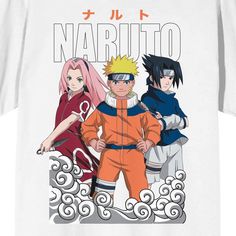 Dress in shinobi style with this Naruto Classic tee. The shirt features an image of Sakura, Naruto, and Sasuke standing on a white cloud while white letters above spell out the series logo. Orange kanji letters appear above the image. The tee comes in a white short sleeve crew neck. Fans of the classic Naruto anime series will love this comfy cotton tee. White Anime T-shirt With Sublimation Print, White Anime Print Top Pop Culture, White Anime Print T-shirt, White Anime Print Pop Culture T-shirt, White Anime Style T-shirt With Sublimation Print, White Anime Print Fandom T-shirt, White Anime Style Top With Sublimation Print, White Anime Top With Sublimation Print, White Fandom T-shirt With Character Print