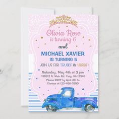 Tiaras and trucks siblings invitation. invitation Size: 5" x 7". Gender: unisex. Age Group: adult. Material: Semi-Gloss. Olivia Rose, Invitation Sizes, Custom Orders, Tiara, Birthday Invitations, Age Group, Free Design, Tool Design, Trucks