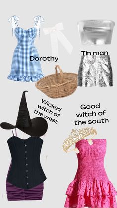 four different types of dresses and hats with words written on the front, side, and back