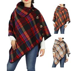 FASHIONABLE: This beautiful poncho design gives you the ability to highlight and/or contrast many different outfits PERFECT QUALITY: This 100% polyester kimono is good for cold season. It's machine washable and should be hung to dry PERFECT FIT: One size fits most, 36"X36", fit for most people S,M,L,XL MORE PRODUCT: ScarvesMe carries many great fashion accessory items on Amazon like boot cuffs, gloves, hats, scarves and apparel COMPLIMENTS: People will love when they see you wearing this cover u Cover Up Sweater, Poncho Design, Cape Wrap, Womens Poncho, Anthropologie Style, Plaid Poncho, Poncho Pattern, Plus Size Halloween, Lounge Dress