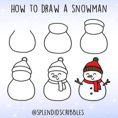 how to draw a snowman with four different shapes and colors, including the hat