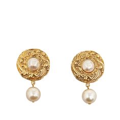 Costume Earrings, Pearl Studs, Clip On Earrings, Faux Pearl, Gold Tones, Chanel, Gold