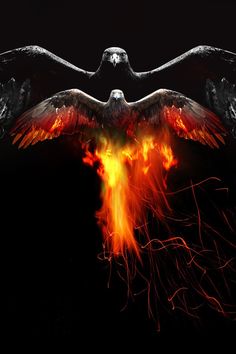 a large bird flying through the air with fire coming out of it's wings