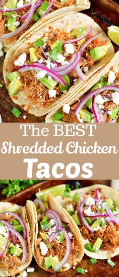 the best shredded chicken tacos with avocado and cilantro on top