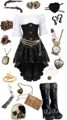 an assortment of costume and accessories including boots, necklaces, watch, skull headband