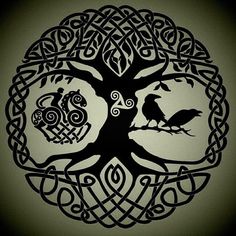 a tree with two birds sitting on it's branches, surrounded by celtic designs