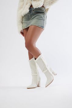 Available In Black And Cream. Knee High Heeled Boots Fur Trim Pointed Toe 3.75" High Heel Block Heel Imported California Proposition 65 WARNING: Cancer and Reproductive Harm - www.P65Warnings.ca.gov. | Saint Faux Fur Knee High Boots in Cream size 6 by Fashion Nova White Fur Boots, Cream Fashion, Boots Fur, High Heeled Boots, Knee High Heels, High Heel Boots Knee, White Fur, White Boots, Fur Boots