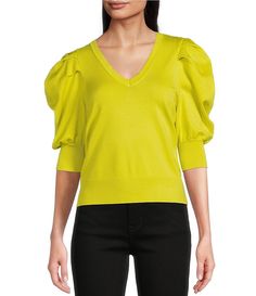 DKNY Short Pleated Puffed Elbow Sleeve V-Neck Knit Top | Dillard's Trendy Puff Sleeve V-neck Top For Fall, Fall V-neck Puff Sleeve Top With Blouson Sleeves, Chic Stretch Puff Sleeve Top With V-neck, Chic Stretch V-neck Puff Sleeve Top, Spring Fitted V-neck Puff Sleeve Top, Fitted V-neck Puff Sleeve Top For Spring, Spring V-neck Stretch Puff Sleeve Top, Stretch Puff Sleeve V-neck Top For Spring, Stretch V-neck Puff Sleeve Top For Spring