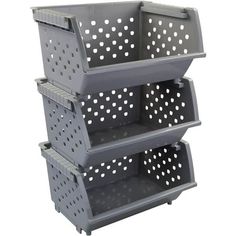 three tiered plastic storage unit with white polka dots