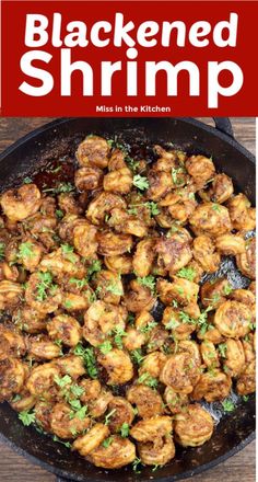 blacked shrimp in a skillet with parsley on top