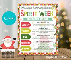 a poster with the words spirit week next to a small santa clause figurine