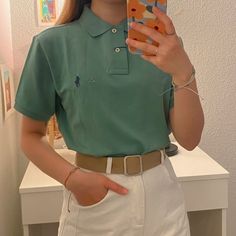 Measurement: -Bust 33" Jade Green Top Outfit, Polo Shirts Outfits For Women, Polo Women Aesthetic, Polo Work Shirt Outfit Women, Green Polo Shirt Outfit Woman, Styling Polo Shirts Women, How To Style Polo Shirt, Outfits Con Camisa Polo, Poloshirt Outfit Ideas Women