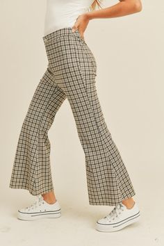 Comfy meets Chic with the Plaid About You Pants! Featuring a combination of navy and brown in this square plaid print that flatters and easily pairs with tops. Pants are high waisted with back pockets, and an ankle length flare at the bottom. Plaid Flare Pants Outfit, Plaid Flare Pants, Effortless Pants, Square Pants, Flare Pant, Curvy Jeans, Cuffed Pants, Navy And Brown, Curvy Dress