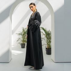 Mikado Abaya With Antique Grey Sequin On Bell Sleeves | Azzalia | Wolf & Badger Abaya With Belt, Luxury Abaya, Wedding Abaya, Abaya Black, Pearl Jewellery Earrings, Independent Designers Fashion, Fashion Labels, Coat Dress, Badger