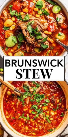 two bowls of stew with the words brownswick stew in front of them and an image of