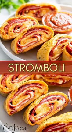 some food is on a white plate and there are two pictures with the words stromboli