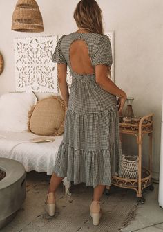 Women's Dress - Small Gingham Midi Dress | LOVESTITCH Chic Plaid Beach Dress, Knee-length Ruffled Midi Dress For Picnic, Chic Gingham Maxi Dress For Summer, Summer Gingham Dress With Tiered Skirt, Puff Sleeve Dress With Ruffle Hem For Picnic, Chic Gingham Midi Dress For Summer, Chic Gingham Midi Dress With Ruffles, Gingham Midi Dress With Short Sleeves For Brunch, Gingham Short Sleeve Midi Dress For Brunch