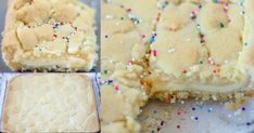 four different views of a cake with white frosting and sprinkles