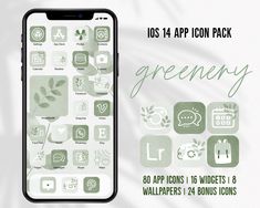 an iphone screen with the text greenry on it and icons displayed in front of it